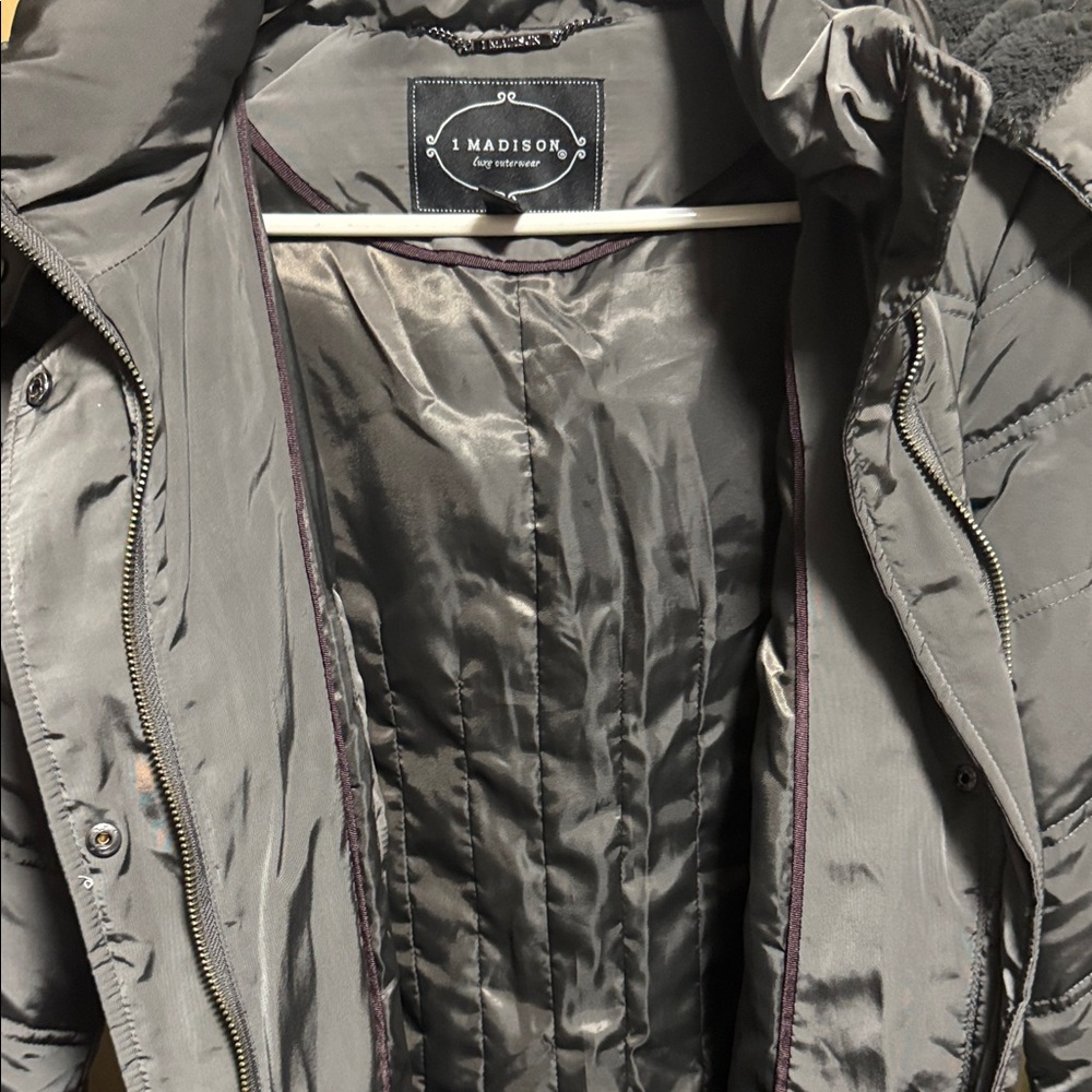 1 Madison Dark Gray Puffer Coat with Fur Hood - Picture 9 of 9